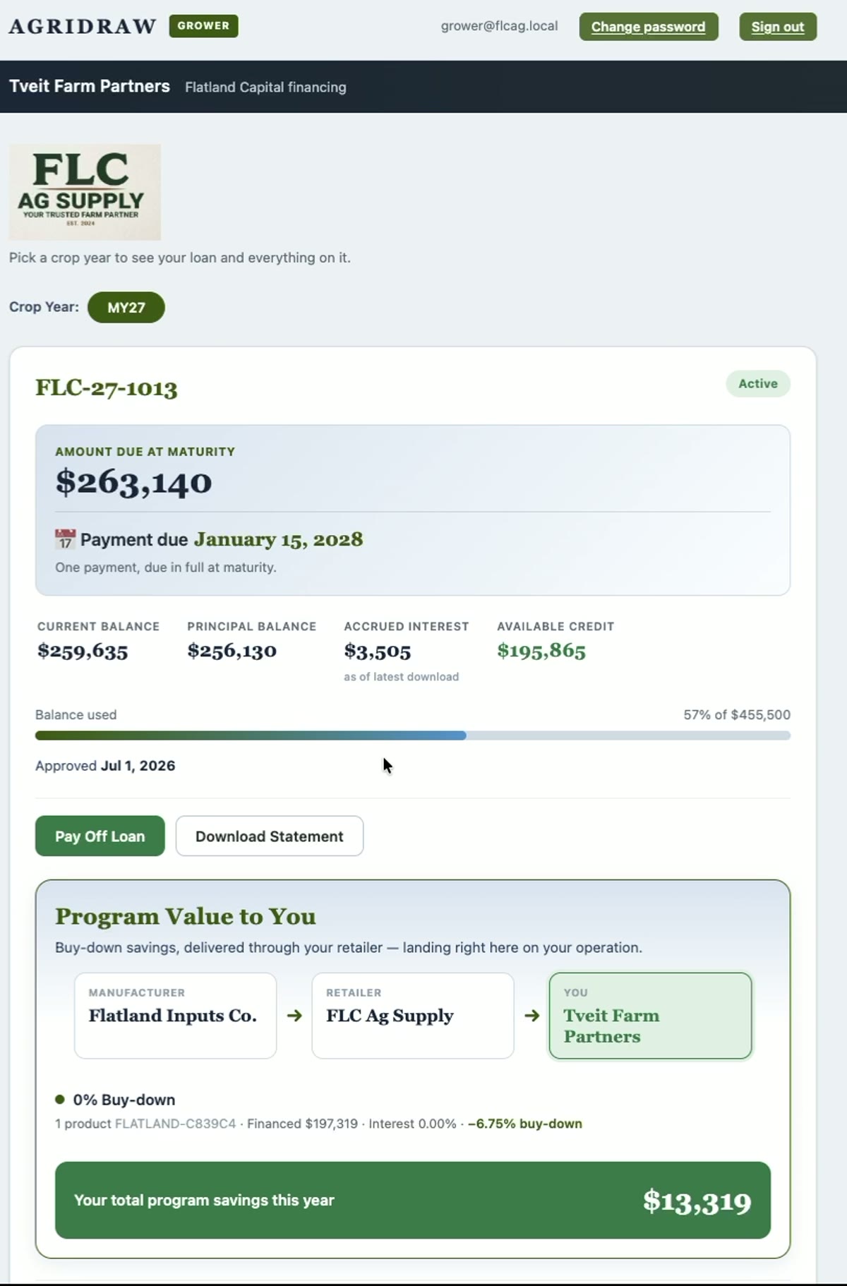 AgriDraw grower portal showing amount due at maturity, balances, available credit, program savings and transactions